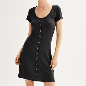 Button Front Sundress Short Sleeve Scoop Dress black